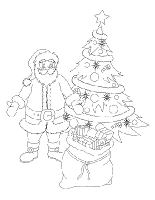 Kolorowanka Mikołaj z workiem prezentów przy choince